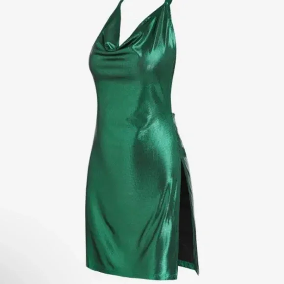 Zaful Sparkly Backless Slit Halter Green Dress